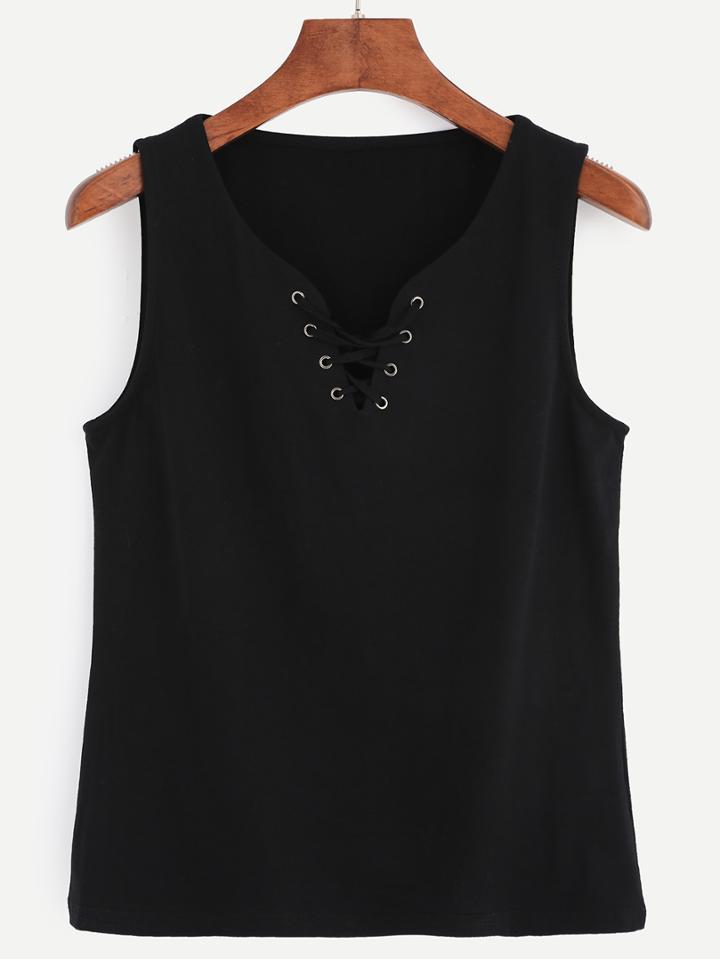 Romwe Black Eyelet Lace Up Sleeveless Top