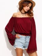 Romwe Burgundy Lace Trim Bell Sleeve Off The Shoulder Top