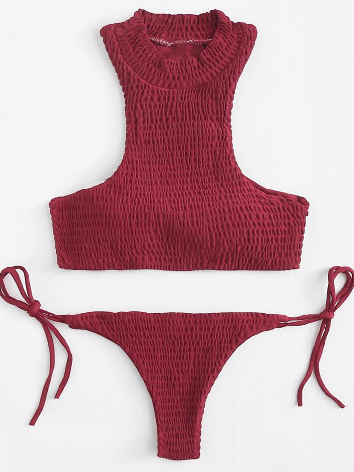 Romwe Stand Collar Shirred Bikini Set