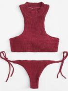 Romwe Stand Collar Shirred Bikini Set