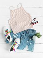 Romwe Y Back Rib Knit Striped Cami Top
