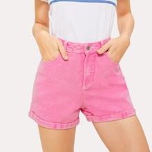 Romwe High Waist Rolled Hem Denim Shorts
