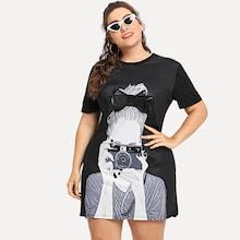 Romwe Plus Figure Pattern Bow Detail Tee Dress