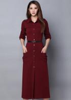 Romwe Buttons Belt Maxi Wine Red Dress