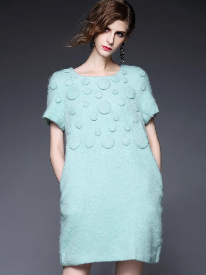 Romwe Mint Green Round Neck Short Sleeve Pockets Dress
