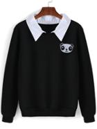 Romwe Contrast Collar Panda Embroidered Black Sweatshirt