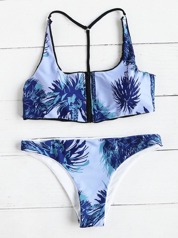 Romwe Graphic Print Zipper Up Bikini Set