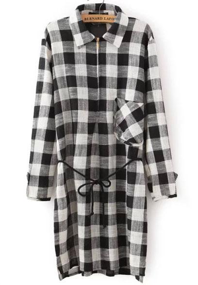Romwe Black Lapel Long Sleeve Plaid Pocket Dress