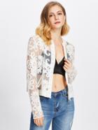Romwe Zip Up Sheer Embroidered Mesh Jacket