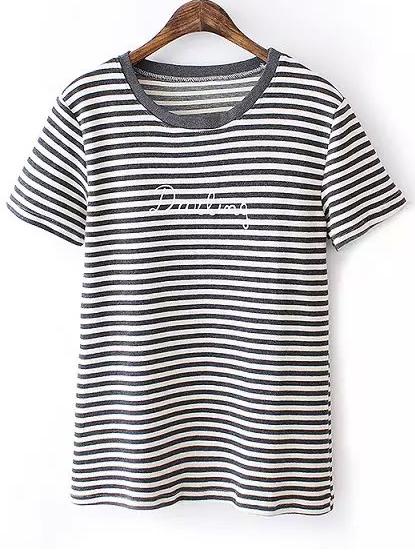 Romwe Striped Letters Print Grey T-shirt