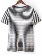Romwe Striped Letters Print Grey T-shirt