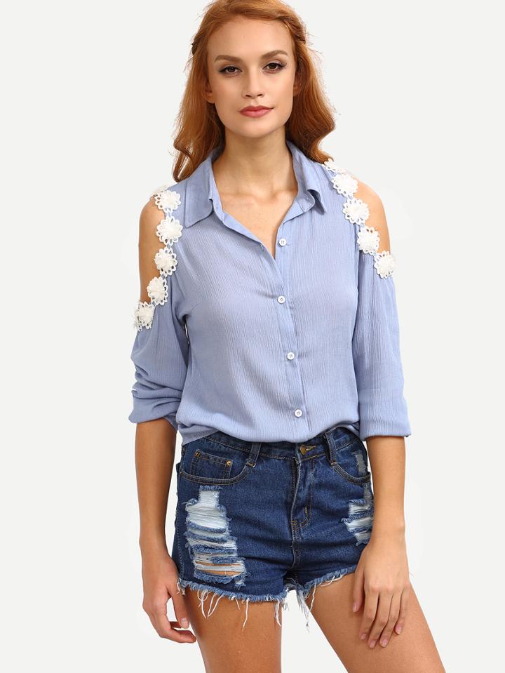 Romwe Flower Applique Open Shoulder Blue Blouse