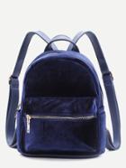 Romwe Blue Front Zipper Velvet Backpack