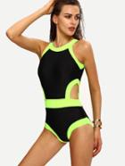 Romwe Contrast Trim Cutout Black One-piece Swimwear