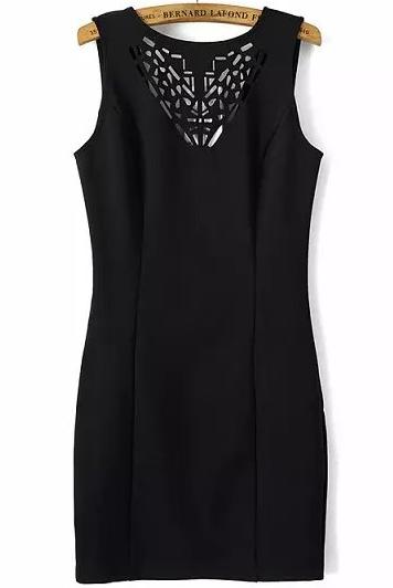 Romwe Black Sleeveless Hollow Backless Bodycon Dress