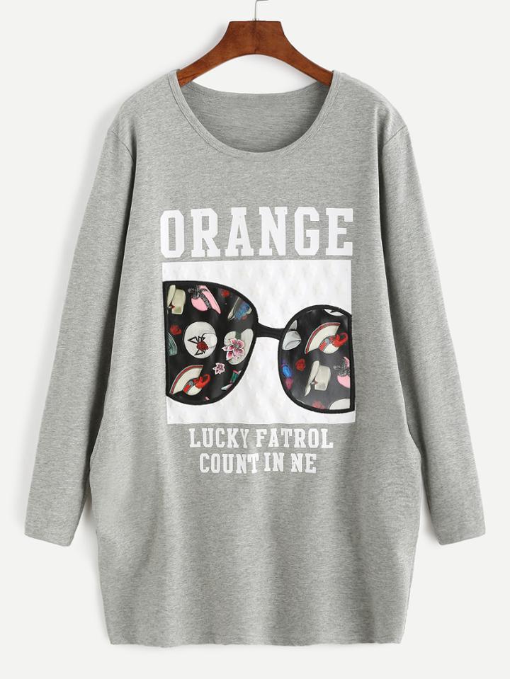 Romwe Grey Printed Round Neck Long Sleeve Pocket Sweatshirt Dress