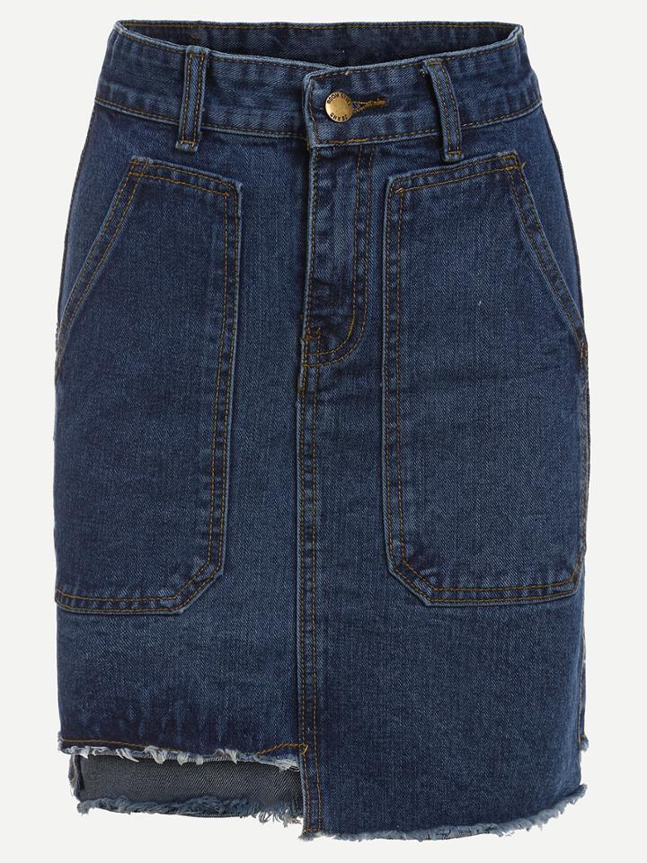 Romwe Pocket Front Asymmetric Denim Pencil Skirt - Blue