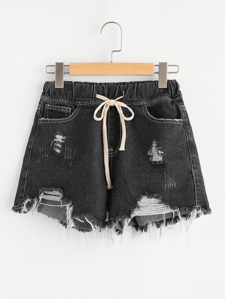 Romwe Raw Hem Drawstring Waist Denim Shorts