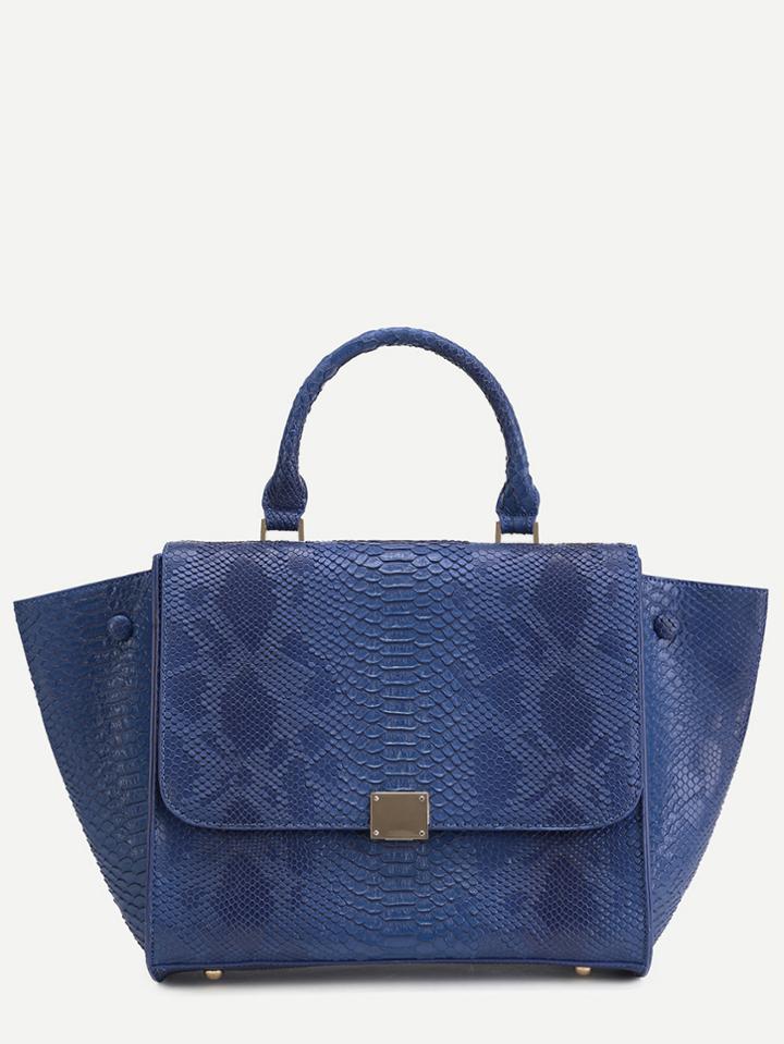 Romwe Blue Snakeskin Leather Flap Handbag With Strap