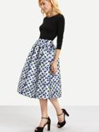 Romwe Polka Dot & Daisy Print Midi Skirt