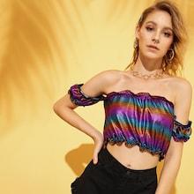 Romwe Metallic Off The Shoulder Crop Blouse