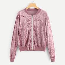 Romwe Zip Up Solid Velvet Jacket
