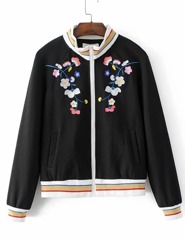 Romwe Embroidery Flower Striped Trim Jacket
