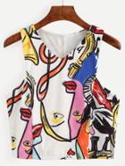 Romwe V Neck Random Abstract Print Zipper Tank Top