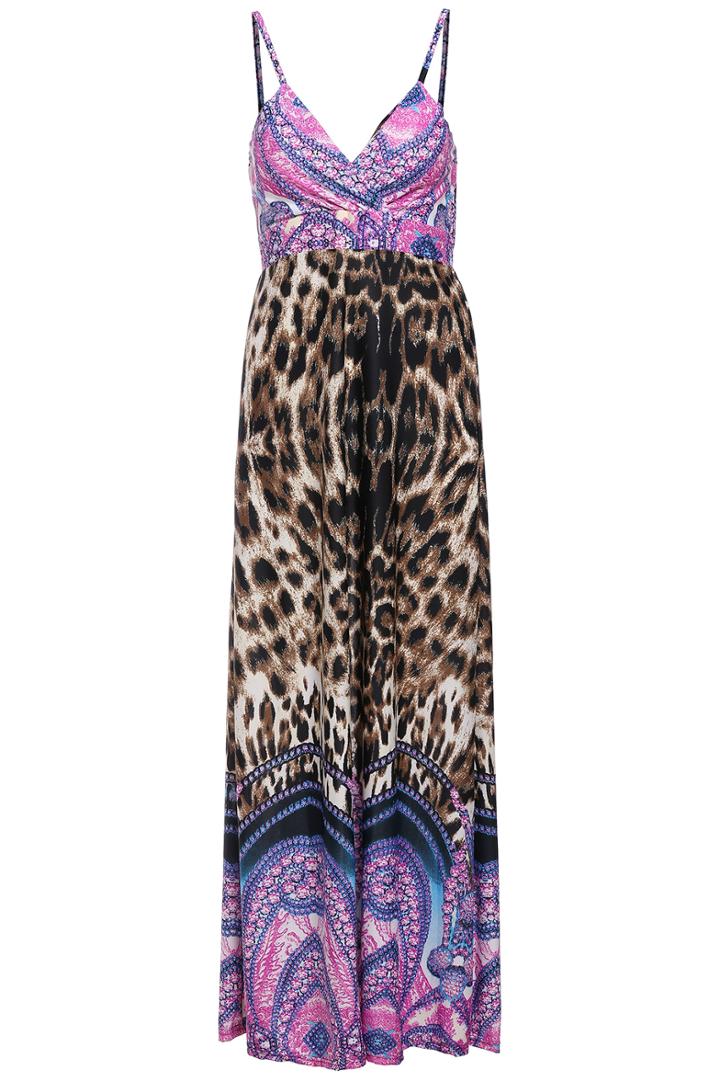 Romwe Spaghetti Strap Leopard Coffee Maxi Dress