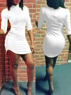 Romwe Mock Neck Zipper Slim White Dress