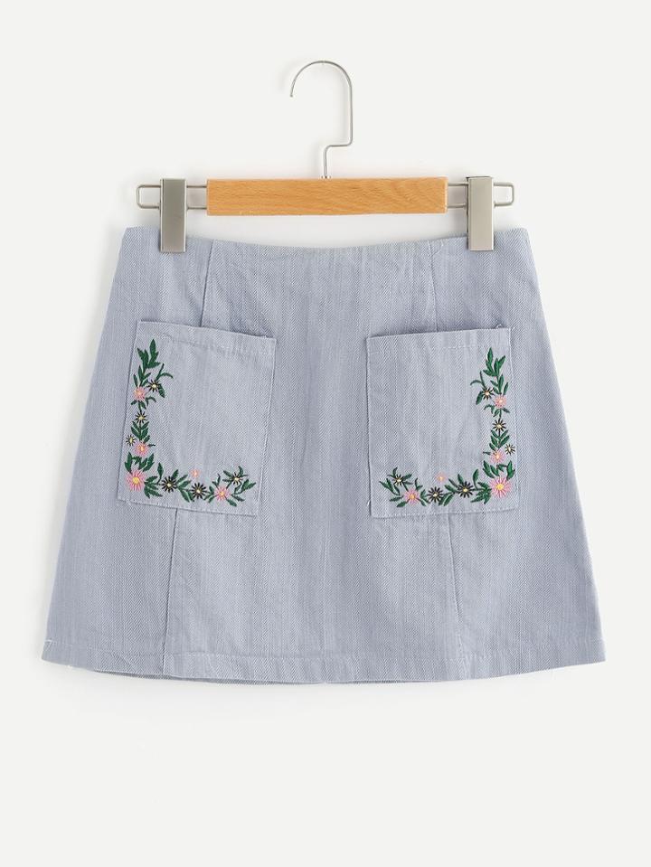 Romwe Floral Embroidered Dual Pockets Zip Back Skirt