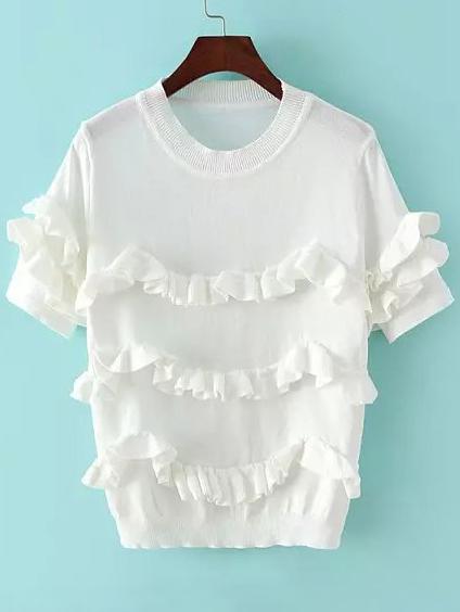 Romwe Short Sleeve Fungus Edge White Sweater