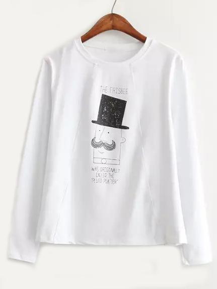 Romwe Cartoon Print Long Sleeve White T-shirt