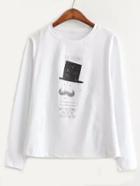Romwe Cartoon Print Long Sleeve White T-shirt