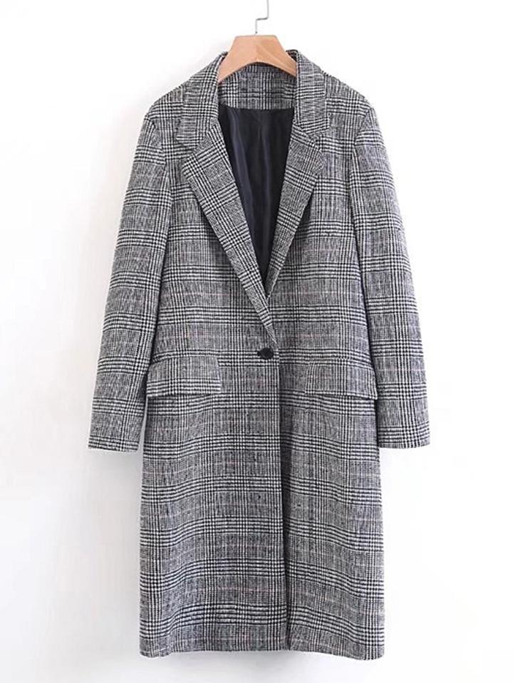 Romwe Single Button Plaid Longline Blazer