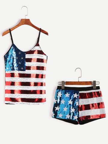 Romwe American Flag Sequin Cami Top With Elastic Waist Shorts