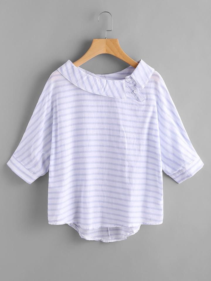 Romwe Fold Over Neckline Striped Button Detail Blouse