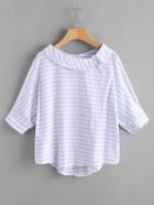 Romwe Fold Over Neckline Striped Button Detail Blouse