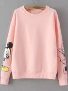 Romwe Round Neck Mickey Print Pink Sweatshirt