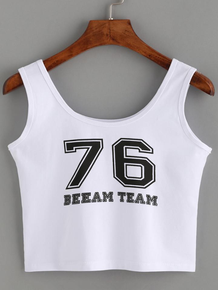 Romwe White Varsity Print Crop Tank Top