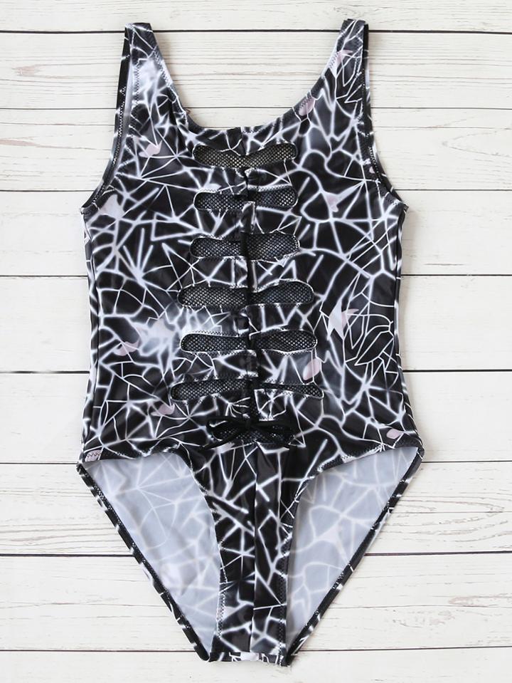 Romwe Black Printed Mesh Design Lace Up One-piece Swimwear