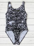 Romwe Black Printed Mesh Design Lace Up One-piece Swimwear