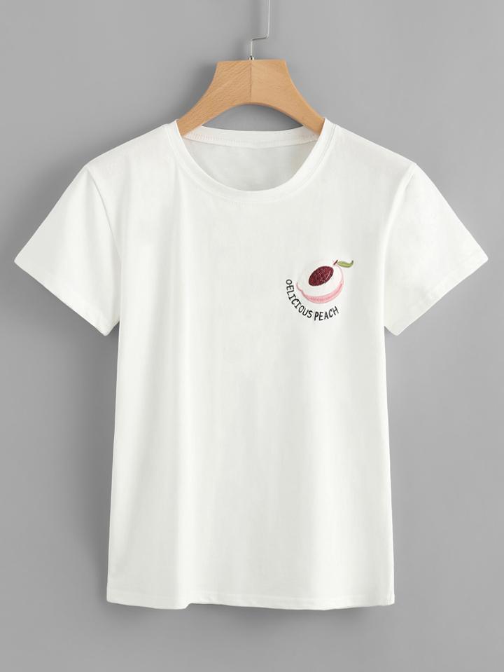 Romwe Peach Embroidered Tee