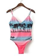 Romwe Coconut Tree Print Backless Swimsuit
