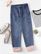 Romwe Letter Embroidered Roll Up Hem Jeans