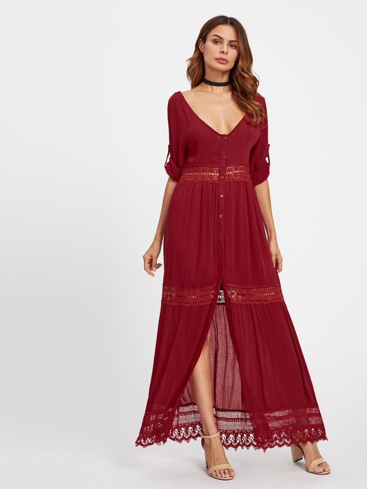 Romwe Double Plunge Neckline Split Front Lace Insert Dress