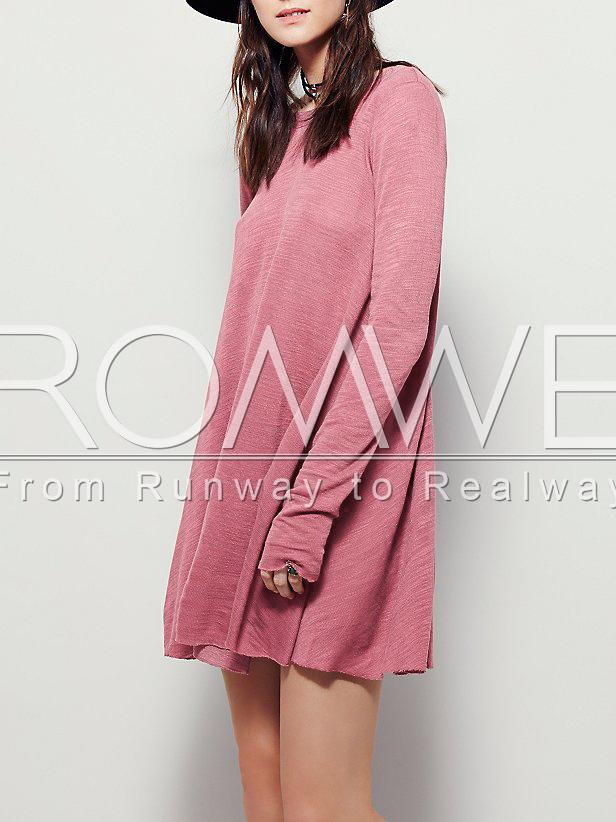 Romwe Pink Crew Neck V Cut Out Back Tshirt Dress