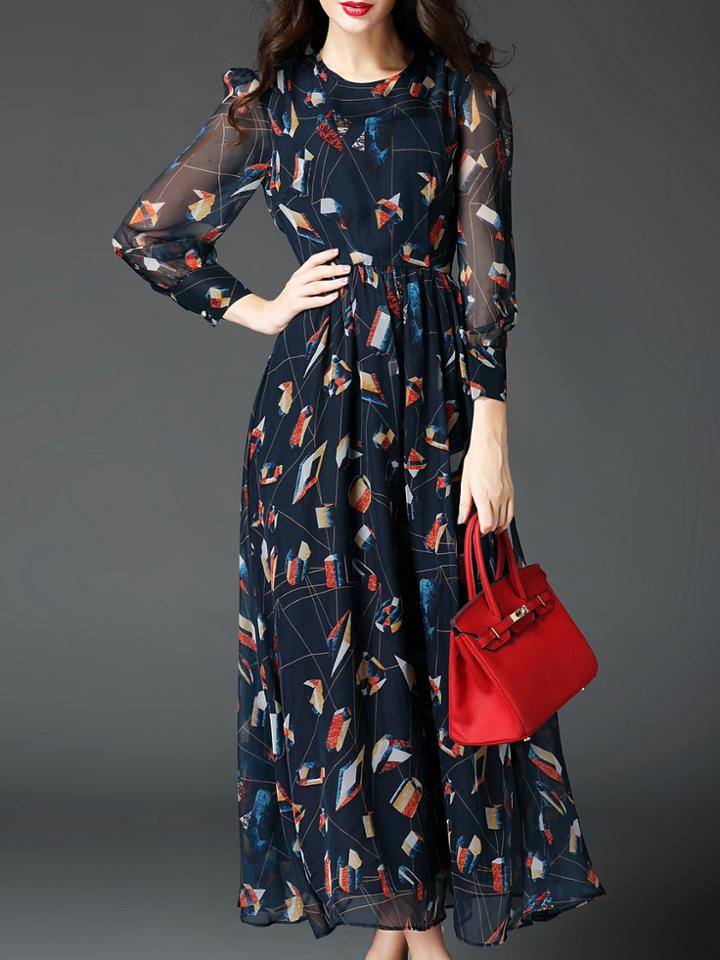 Romwe Navy Crew Neck Sheer Print Maxi Dress