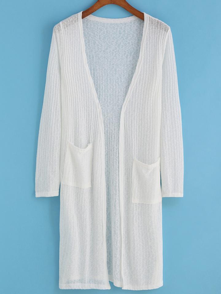 Romwe With Pockets White Cardigan