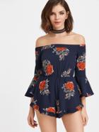 Romwe Navy Floral Print Off The Shoulder Ruffle Romper